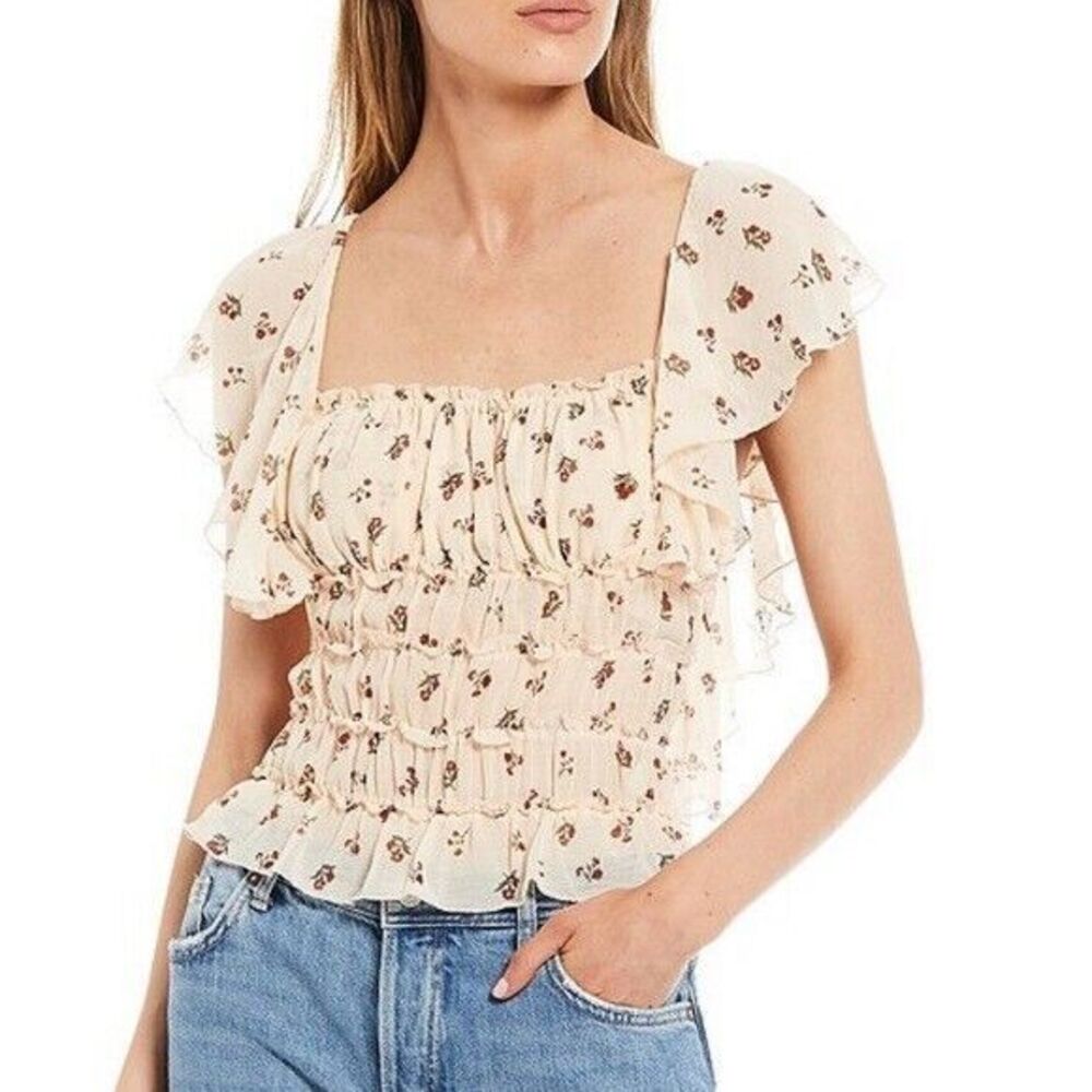 Free People Juliet Sheer Floral Print Ruffle Cap Sleeve Ruched Bodysuit MEDIUM